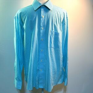 PIERRE CARDIN White/Aqua Plaid Men’s Large 16-16 1/2 LongSleeve Button Up Shirt.